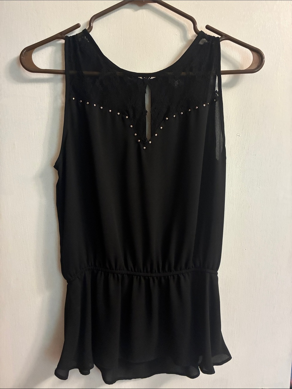 Forever 21 Black Studded Sheer Yoke Peplum Camisole